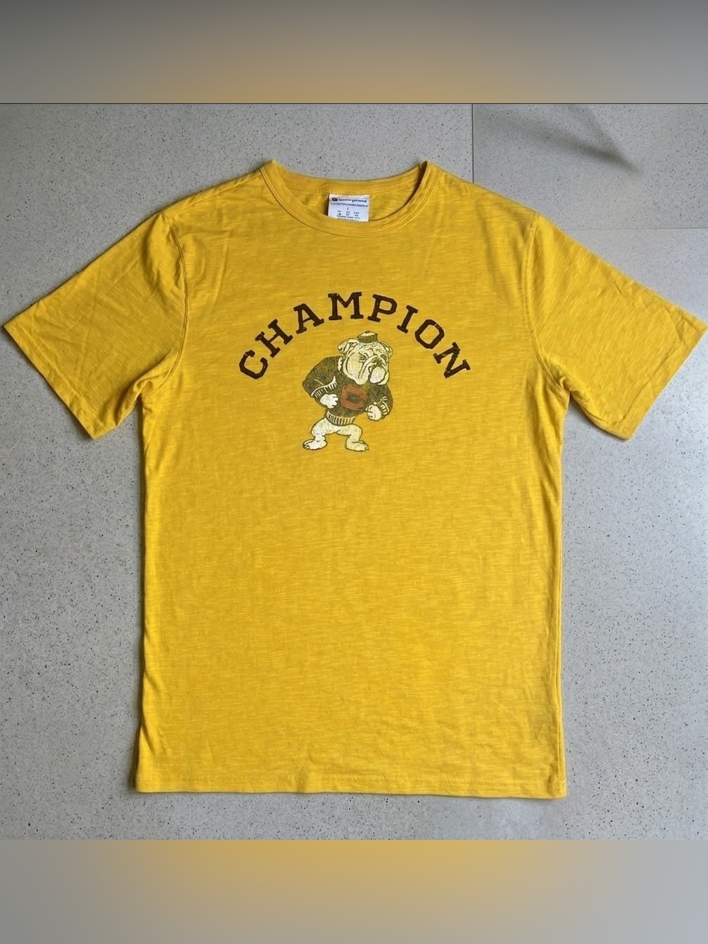 Rare Champion Yellow Short-Sleeve Tee with Bulldog Graphic Large